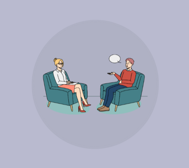 Two cartoon people sitting in chairs talking