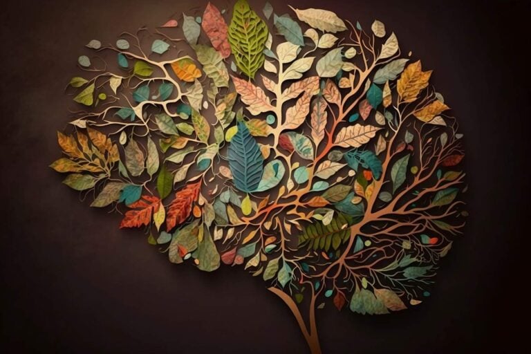representation of a brain using colorful leaves and branches