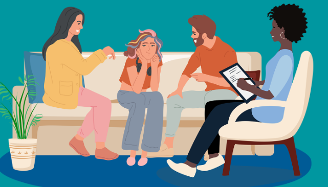 illustration of parents and teen child sitting on couch in therapist's office, along with therapist taking notes