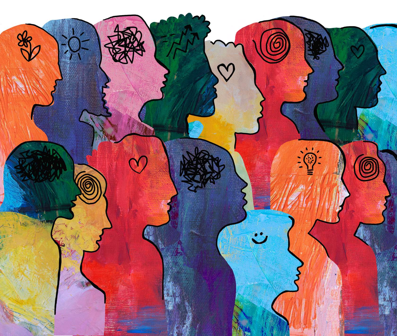 illustration of colorful silhouettes of many people, all with a different drawing on their head, some are spirals, some are hearts, some are scribbled lines