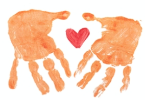 A watercolor of two hands surrounding a heart