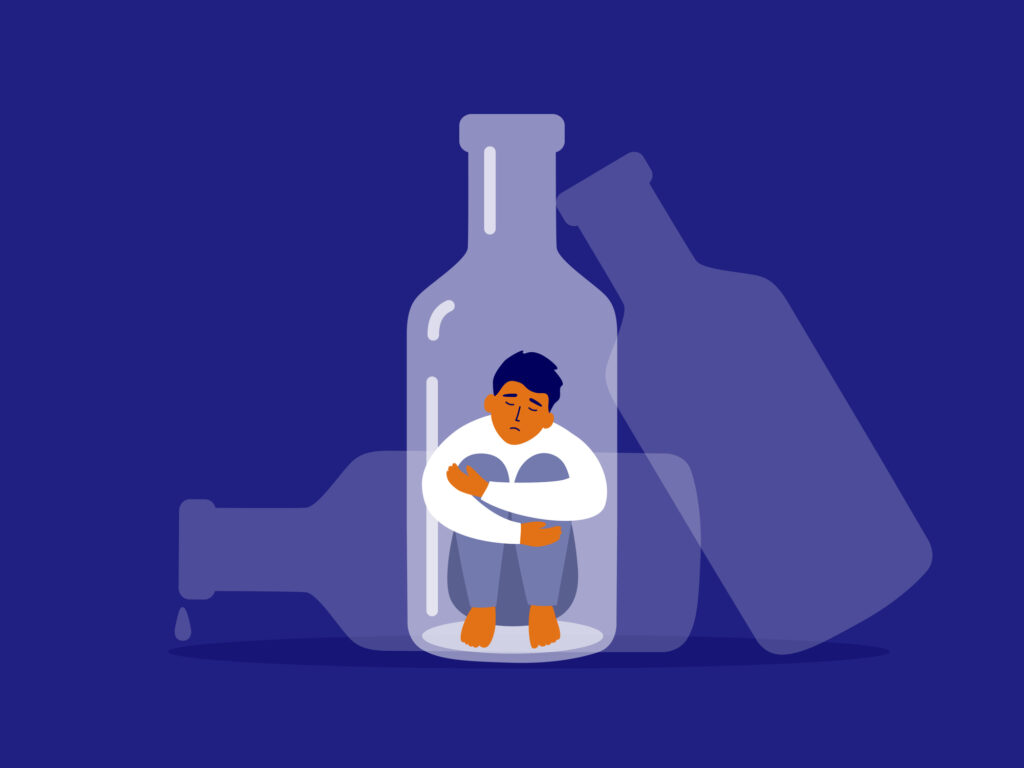 Alcoholism concept. Unhappy man sitting at bottle bottom hugging knees. Sad drunk male person, exhausted alcoholic guy. Social issue, abuse, addiction. Empty alcohol drink bottles vector Illustration