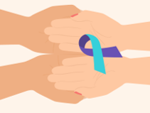 Cartoon hands overlapping with a teal and purple ribbon between them